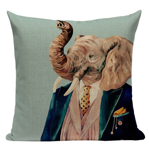 Linen Cushion Cover With Animal Print - Elephant